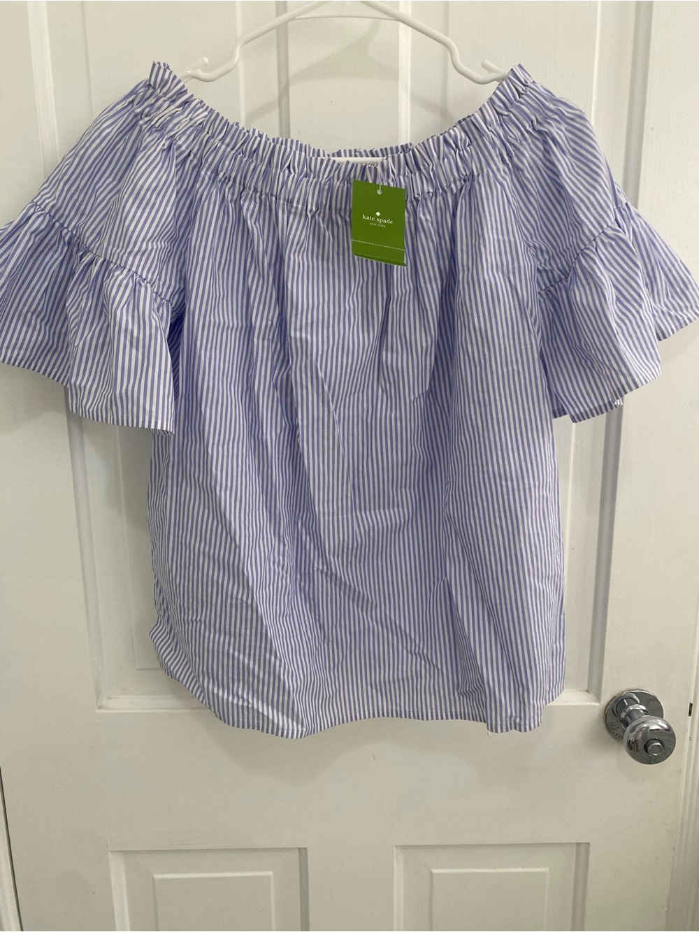 kate spade Blue and White Striped Off-Shoulder Ruffle Top